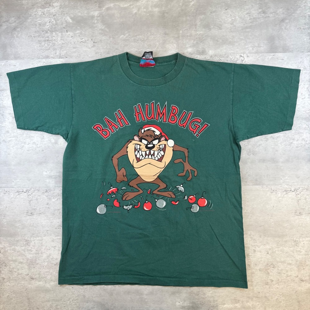 Vintage 1993 Taz Bah Humbug Christmas T-Shirt Green Mens Large Warner Bros USA
